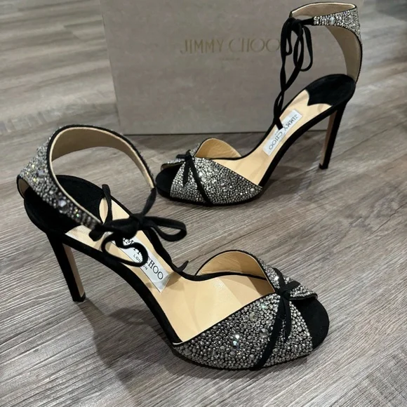 Jimmy Choo Talaya 100 Black Suede Crystal Hotfix Embellished Heels Sandals - Picture 2 of 13